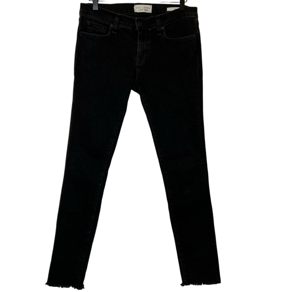 Nili Lotan Black Skinny Jeans Noir Wash Fringe Hem Size 26